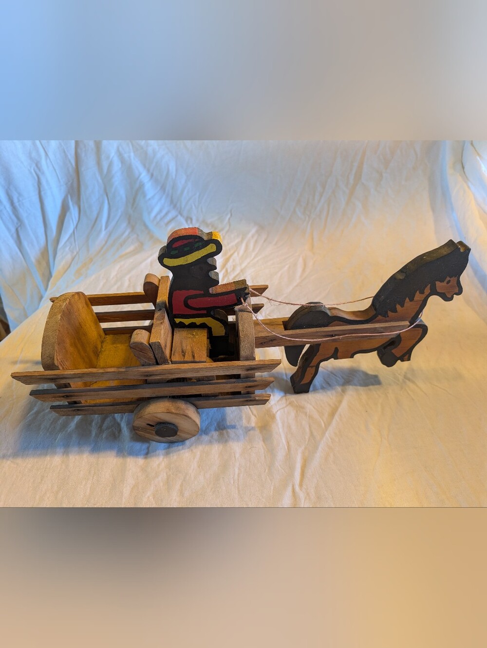 2/90$ Vintage Wooden Wagon Decor with Painted Figure and horse ( folk art)